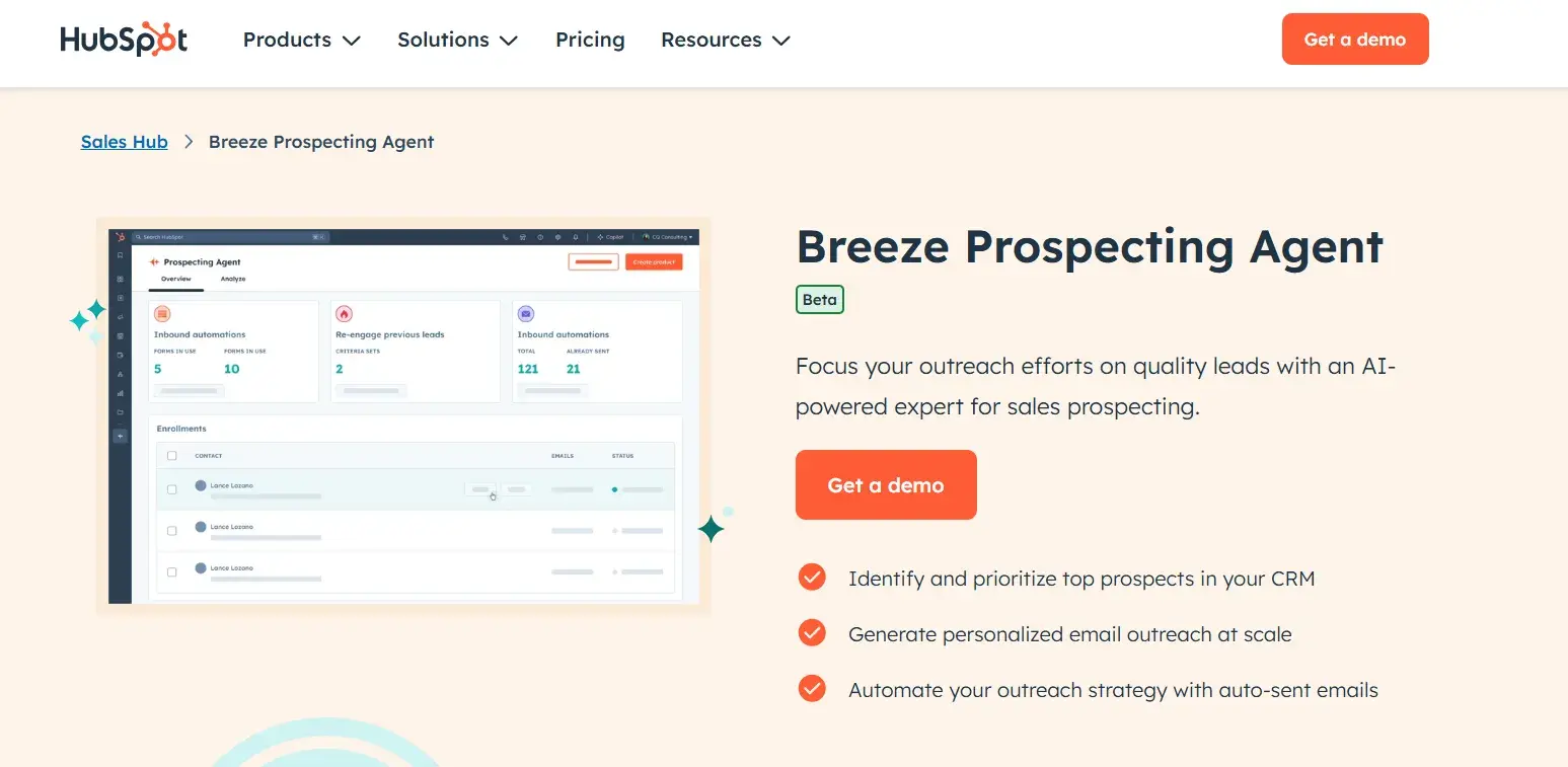 ai agents for business: screenshot of the website homepage of breeze prospecting agent showing how to get a demo of its beta version
