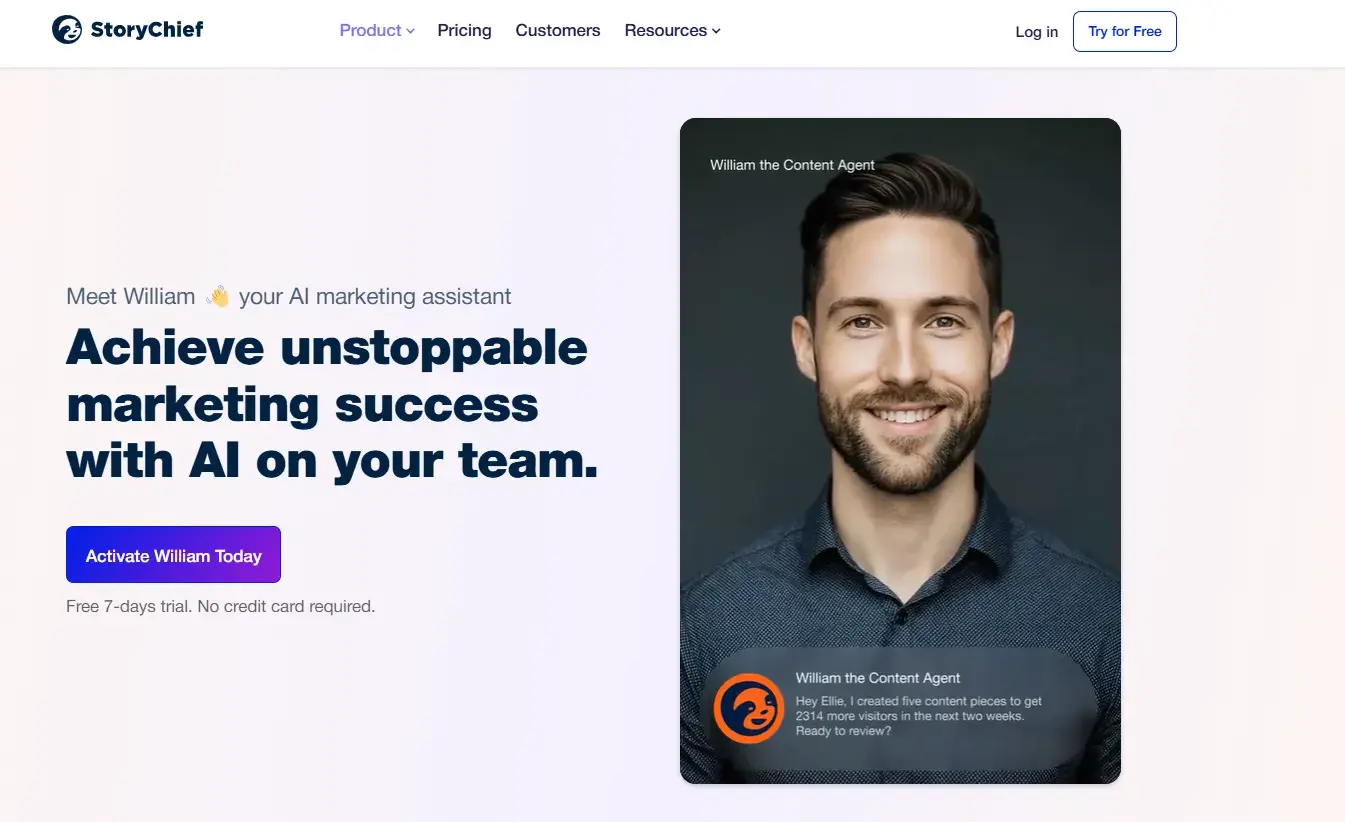 ai agents for business: screenshot of the website homepage of storychief’s ai marketing agent