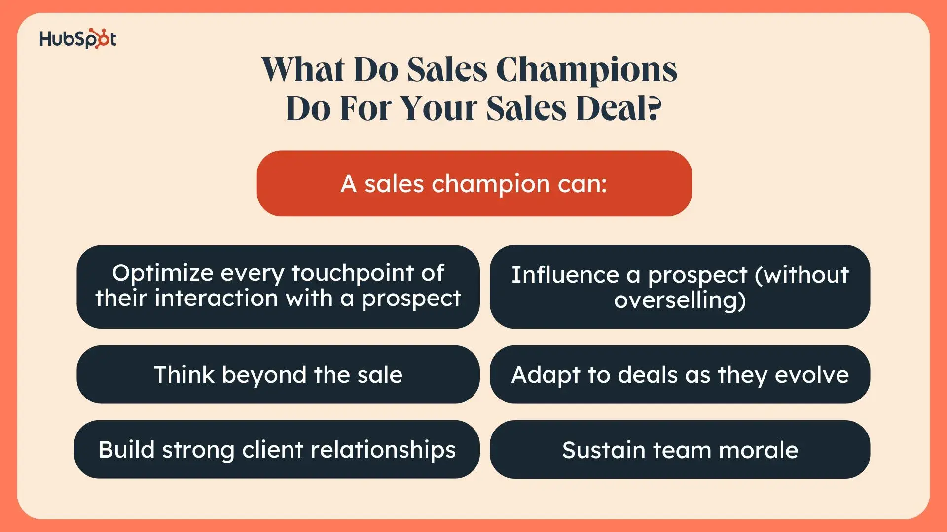 a graphic listing eight things that a sales champion can do for a sales deal