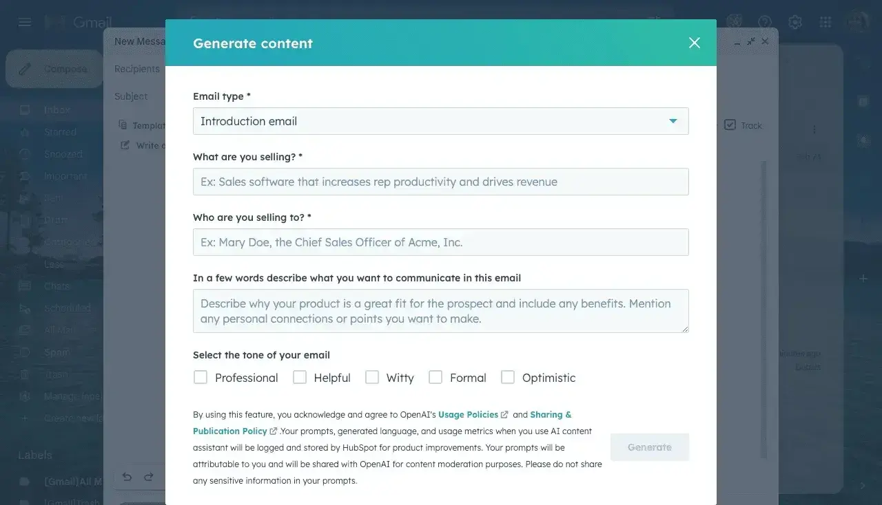 ai-generated content, hubspot’s ai email writer