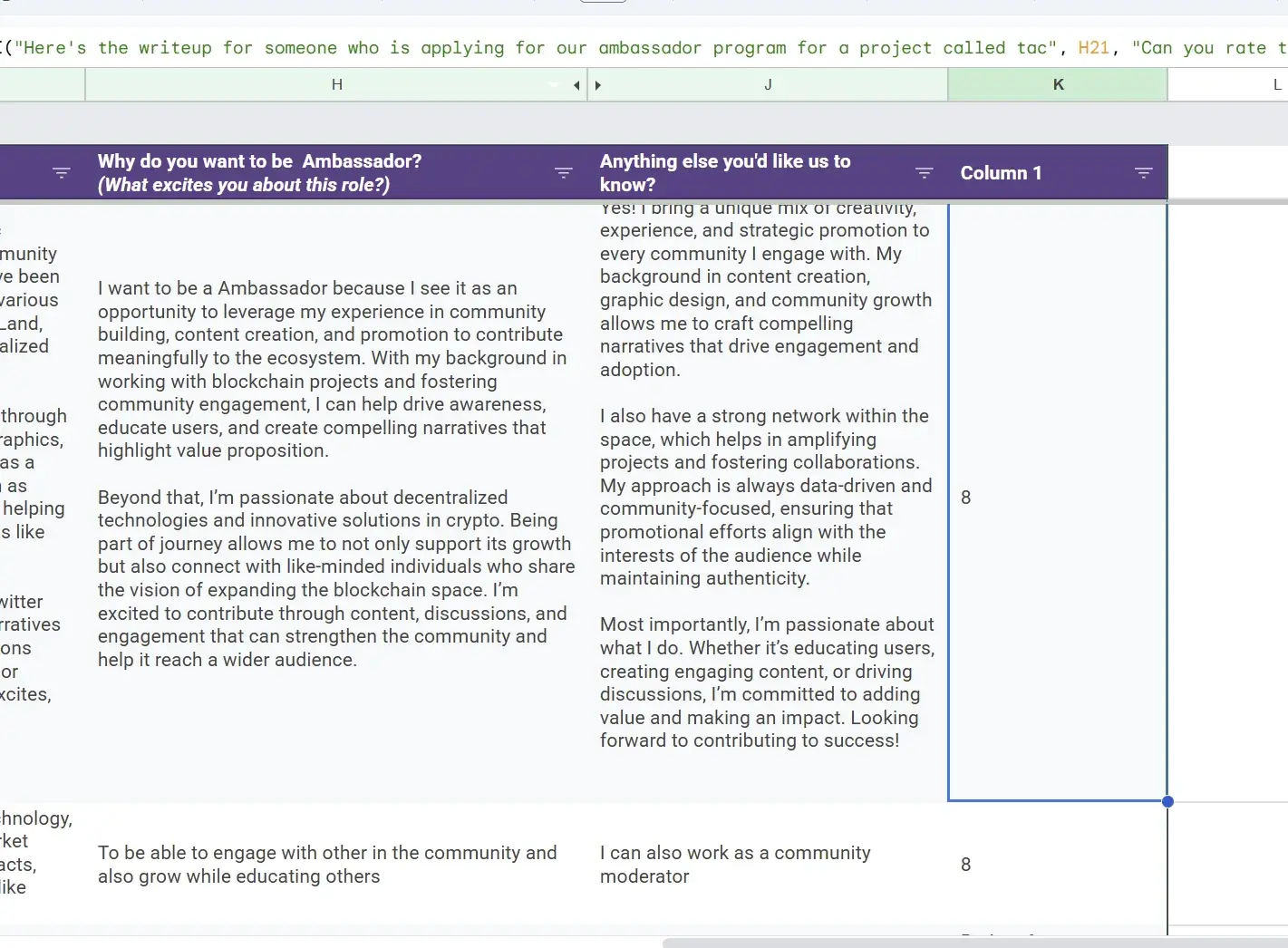 my excel spreadsheet with participant replies
