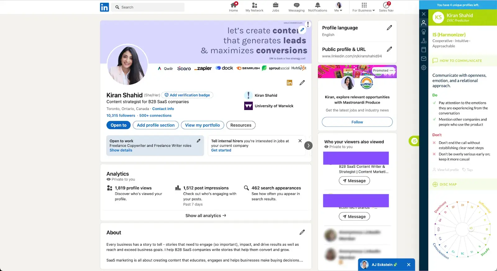 ai agent tools: crystal evaluating linkedin profile of kiran