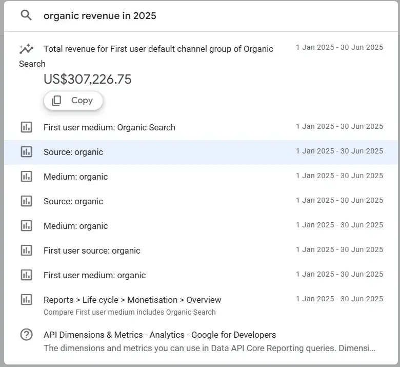 screenshot from google analytics shows how the ai tool, “insights* records seo kpi data.