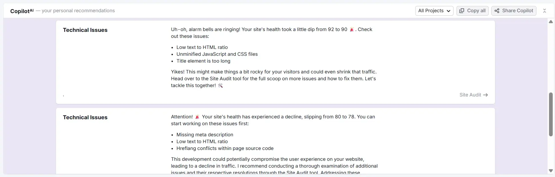 a screenshot from semrush’s copilot ai tool shows the ai recommendations for technical seo.