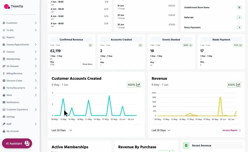 teamup interface showing class scheduling calendar, member management, and payment processing