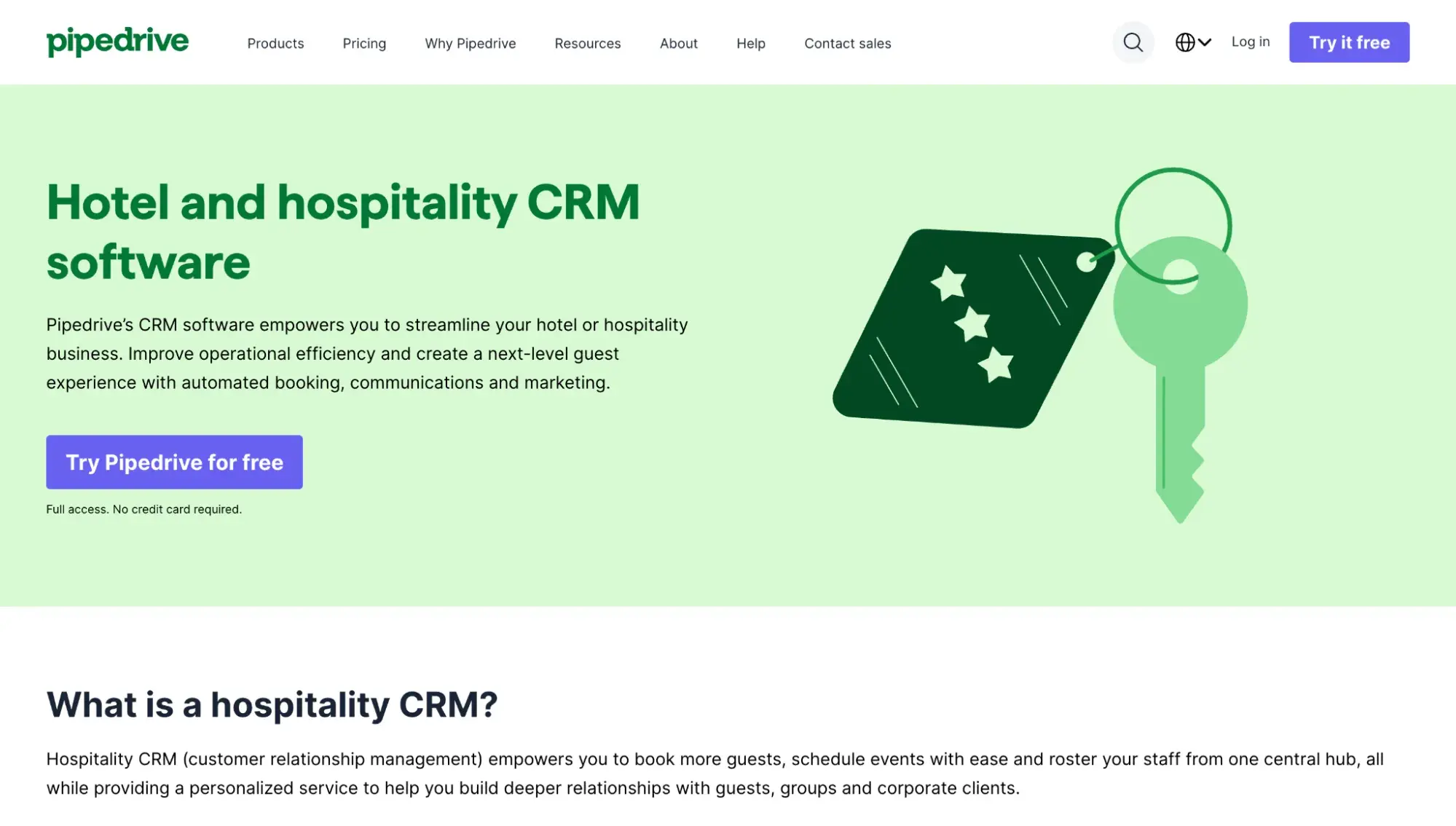 Pipedrive webpage for hotel and hospitality CRM software