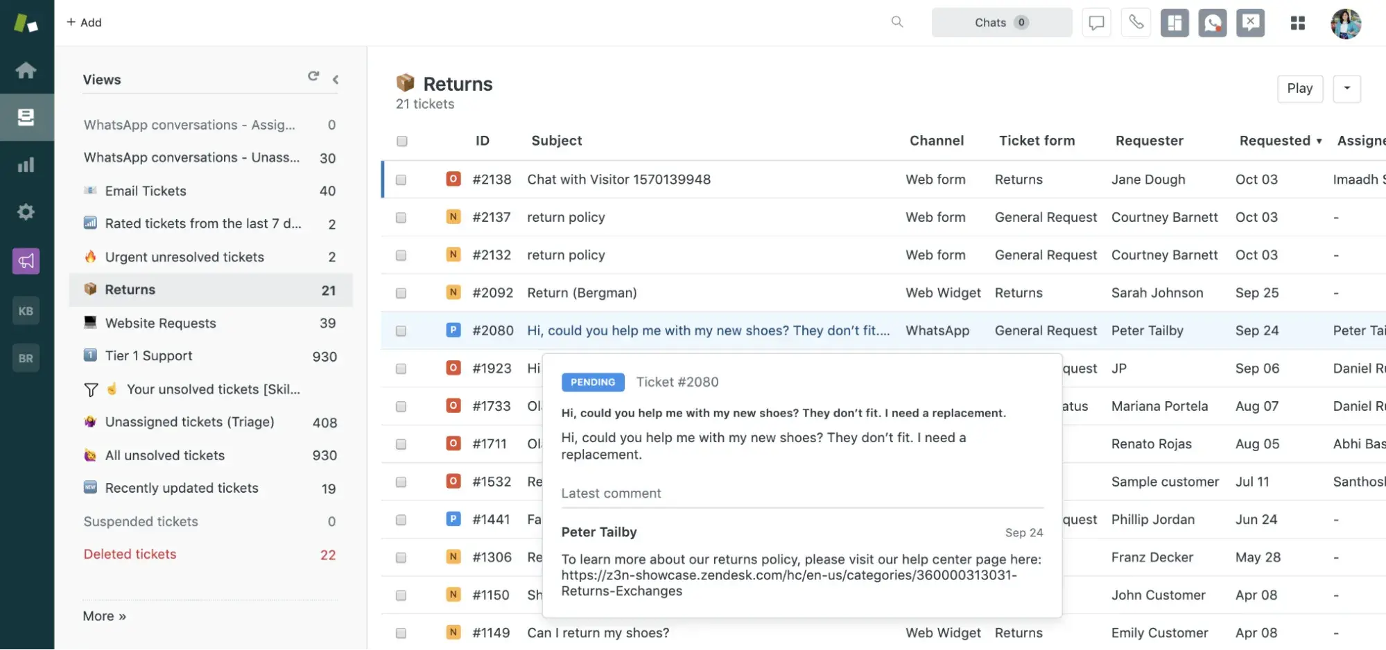a screenshot of zendesk’s CRM user interface