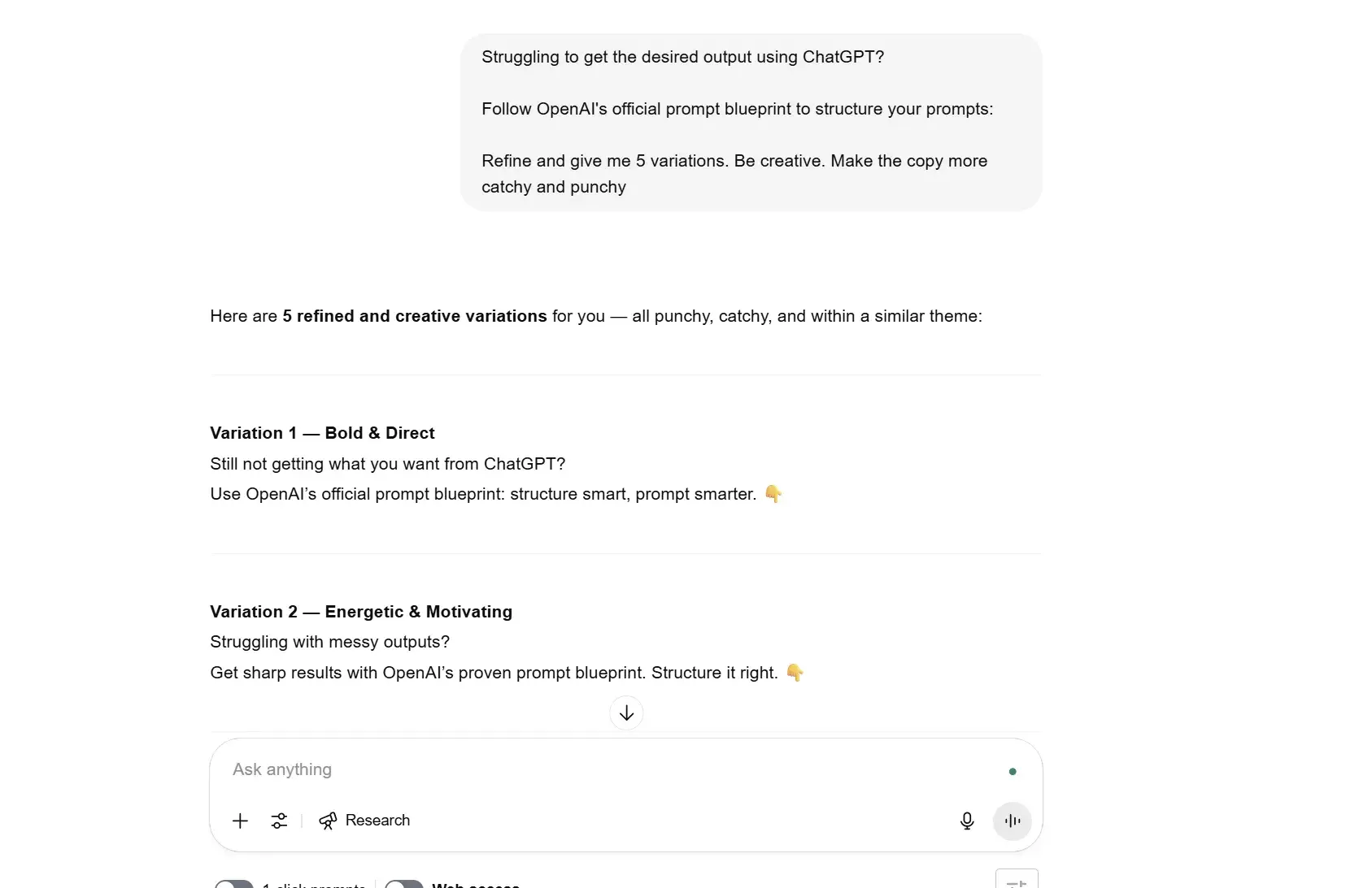 chatgpt prompts, asking it to give me five versions of an output so i can choose the best