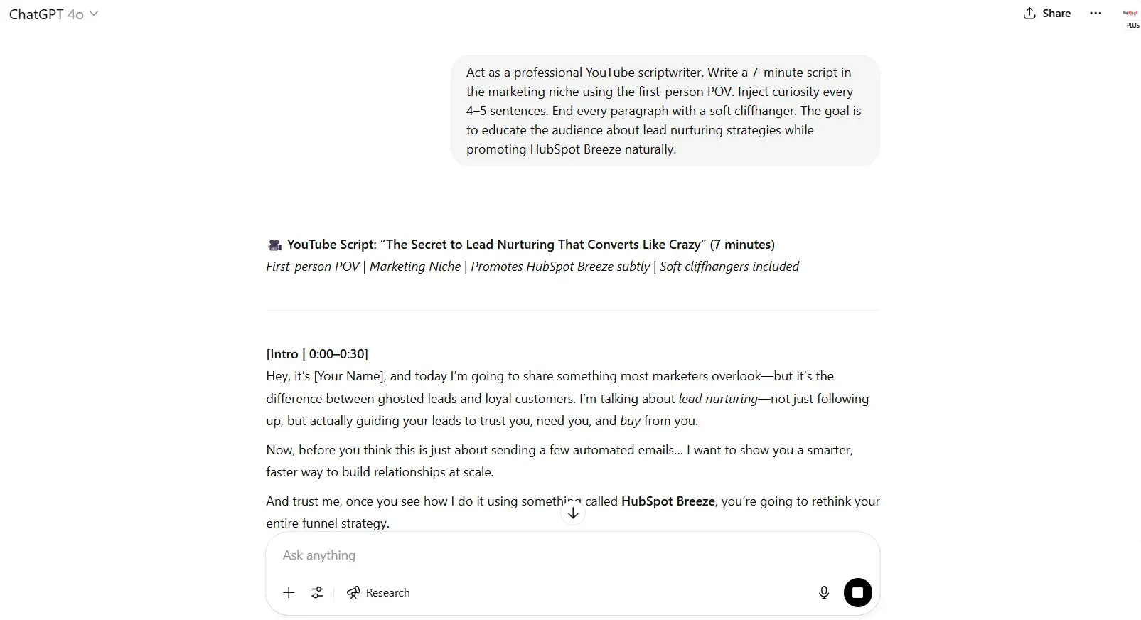 chatgpt prompts, screenshot of my prompt asking for a youtube script