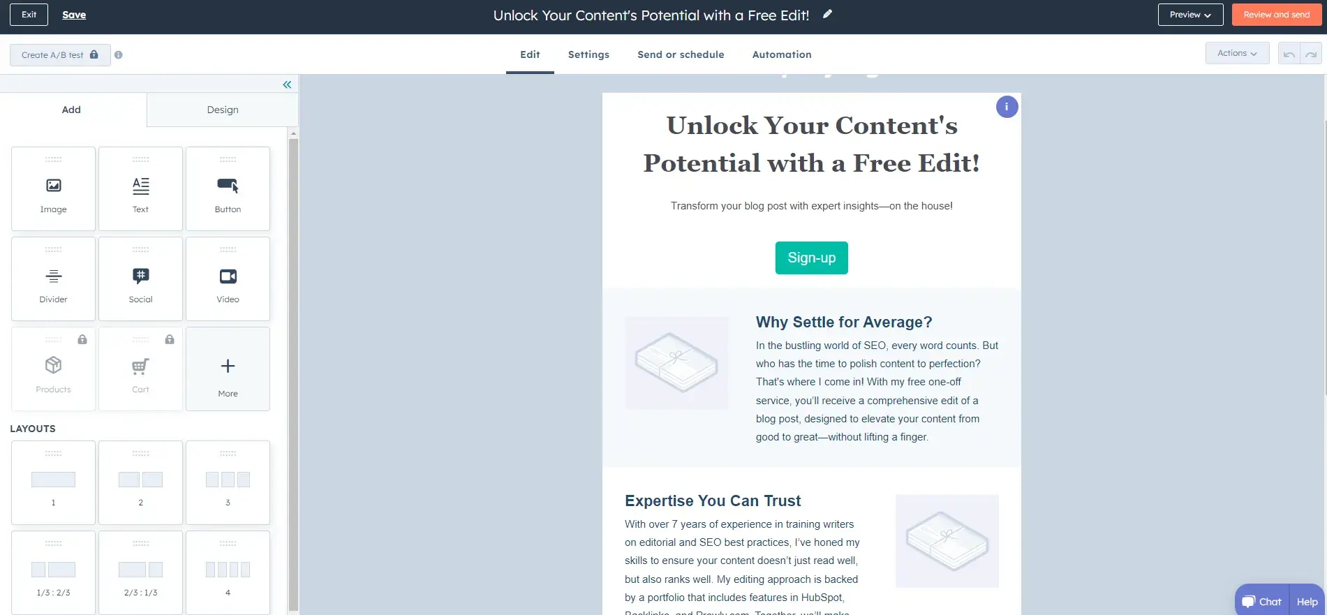 editing the layout of your marketing email with hubspot’s ai cold email generator