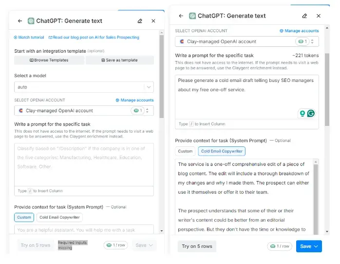 inputting the prompt and context for clay’s ai cold email generator