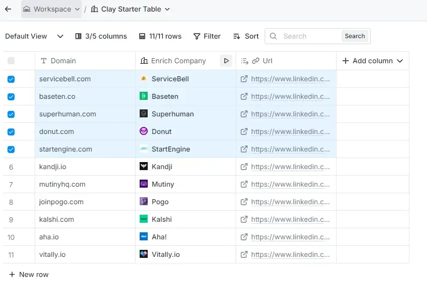 selecting up to five rows on the starter table for clay’s ai cold email generator