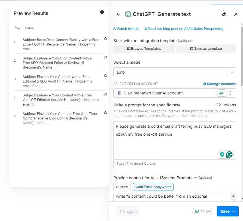 previewing the results for clay’s ai cold email generator
