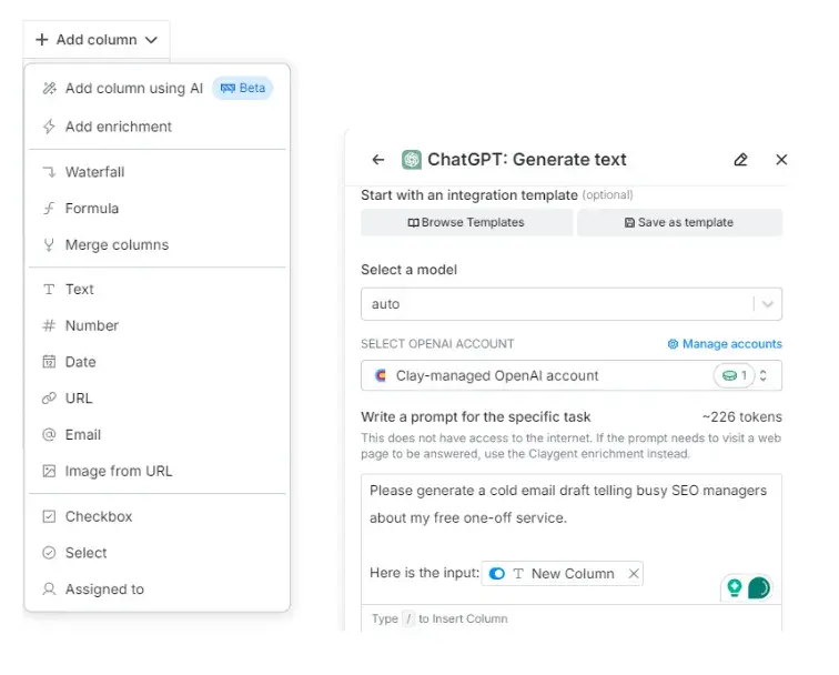 adding columns and inputs through clay’s ai cold email generator