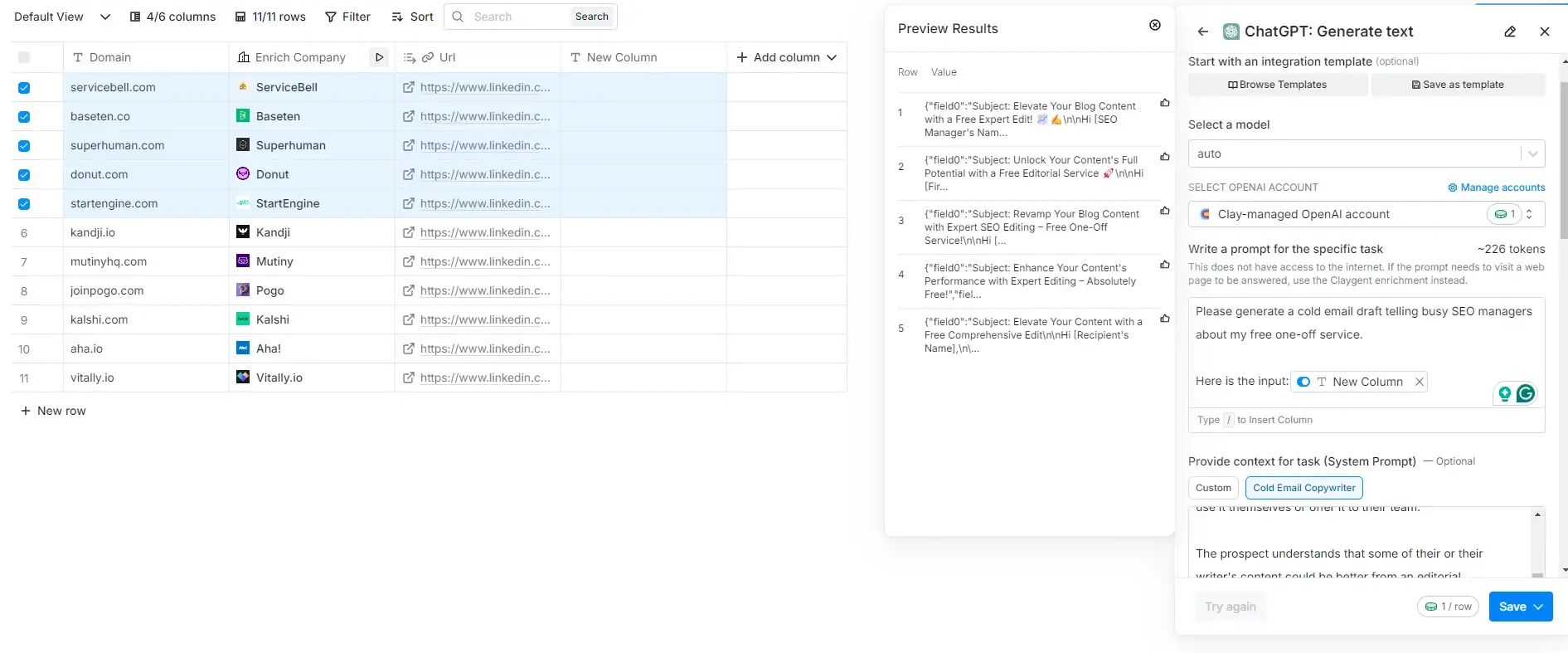the result of adding columns and inputs through clay’s ai cold email generator