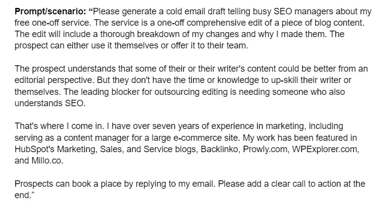 a prompt/scenario used to test ai cold email generators