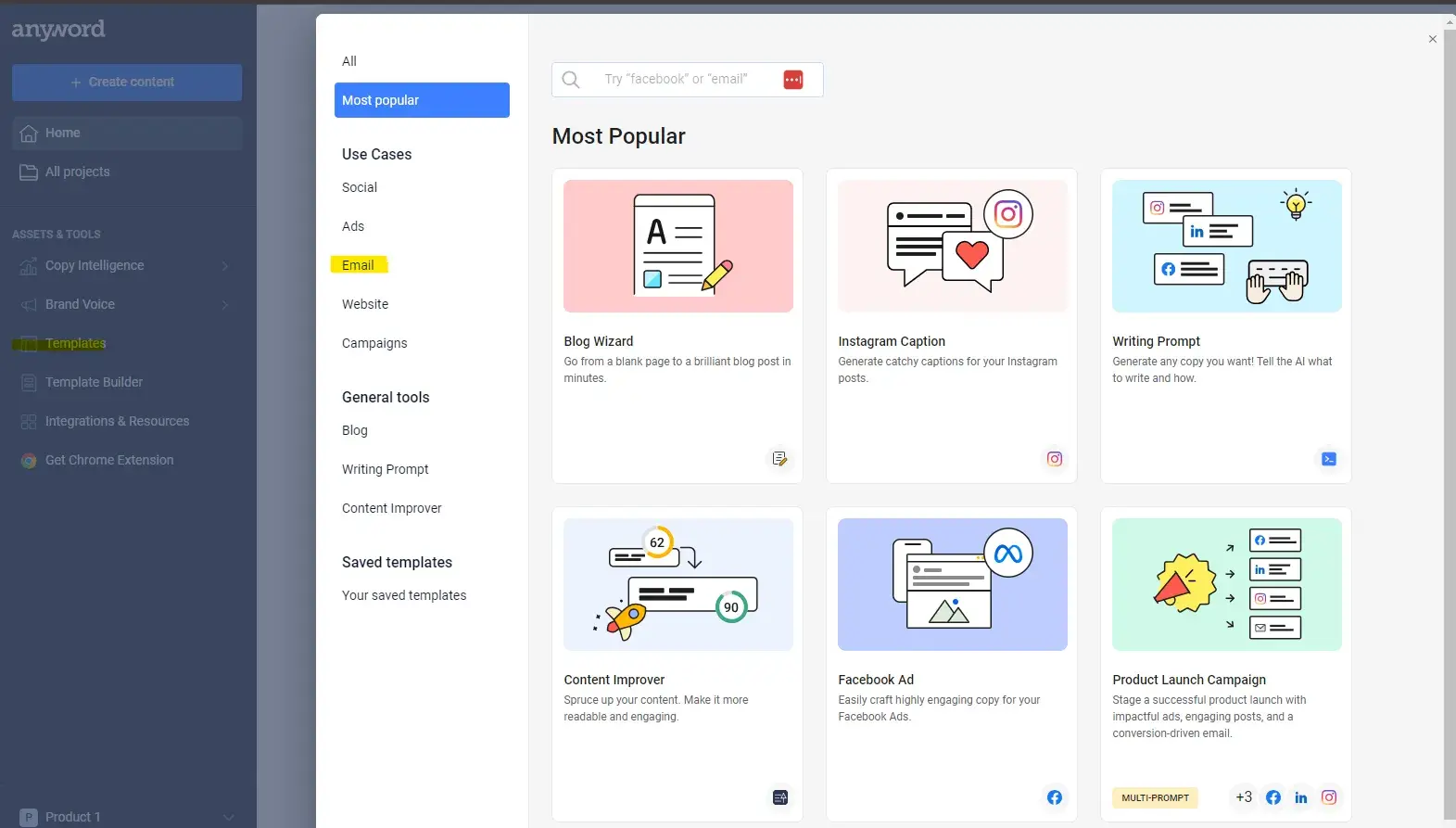 the main dashboard result of anyword’s ai cold email generator