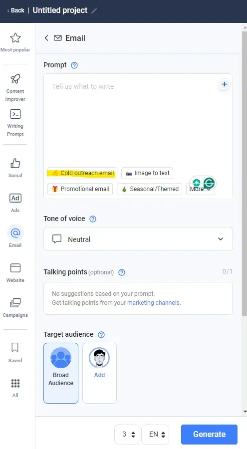 email prompt and input screen on anyword’s ai cold email generator