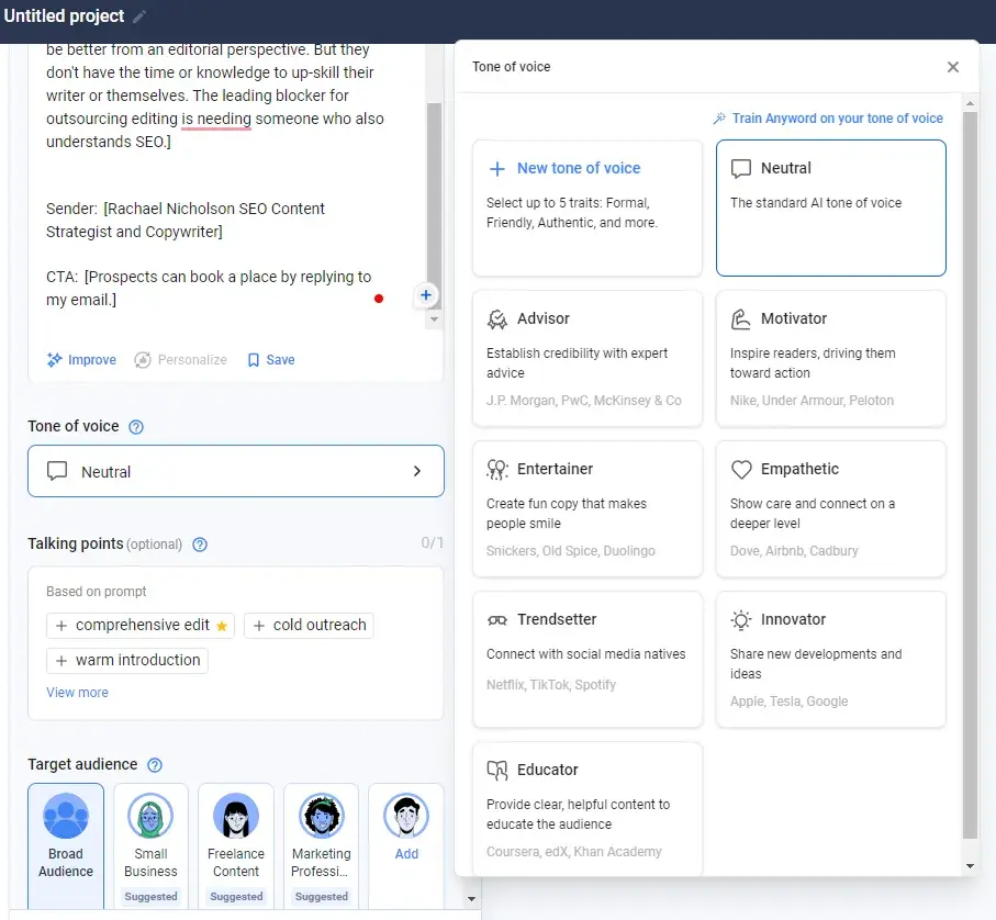 filling out the input fields on anyword’s ai cold email generator