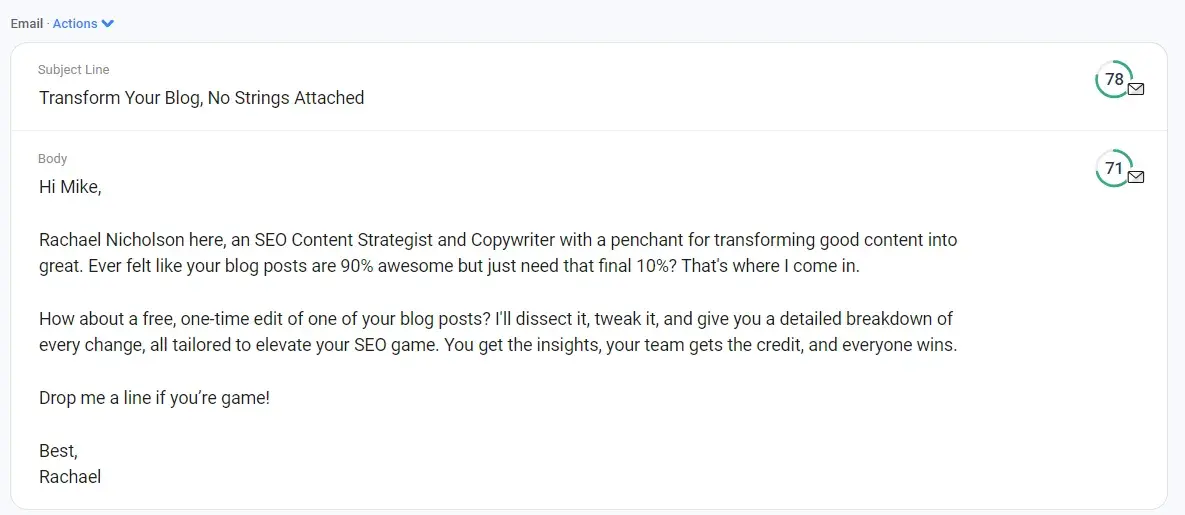 first cold email result from anyword’s ai cold email generator