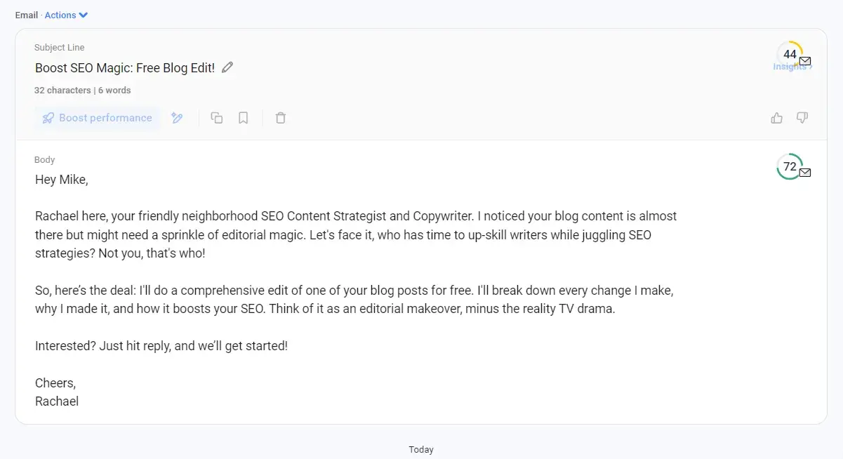 second cold email result from anyword’s ai cold email generator