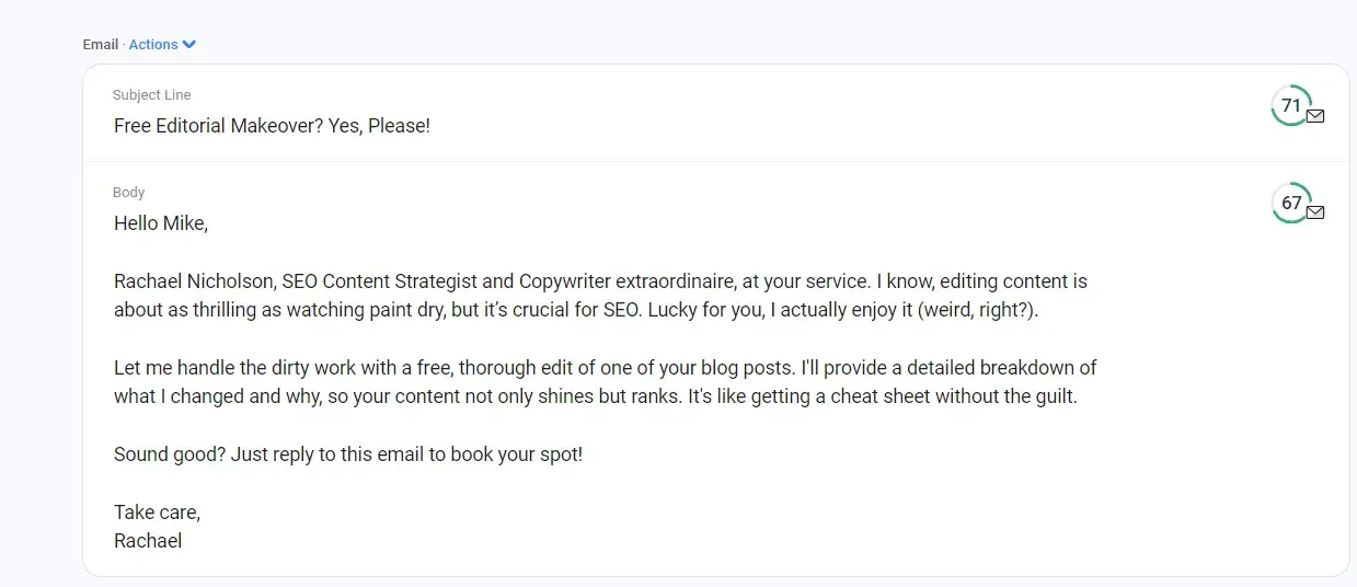 third cold email result from anyword’s ai cold email generator