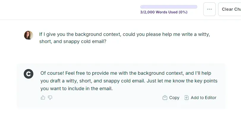 experimenting with chat on copy.ai’s ai cold email generator