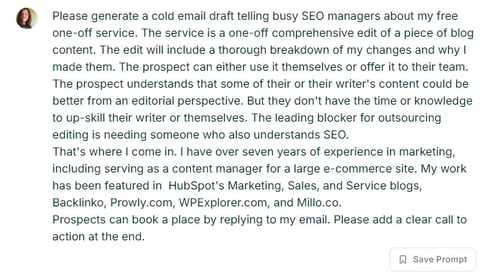 prompting chat on copy.ai’s ai cold email generator