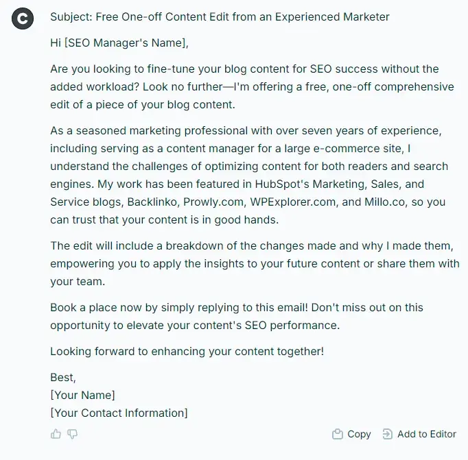 the result of prompting chat on copy.ai’s ai cold email generator