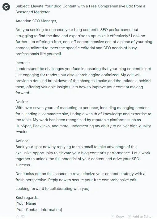 the result of trying a cold email template on copy.ai’s ai cold email generator