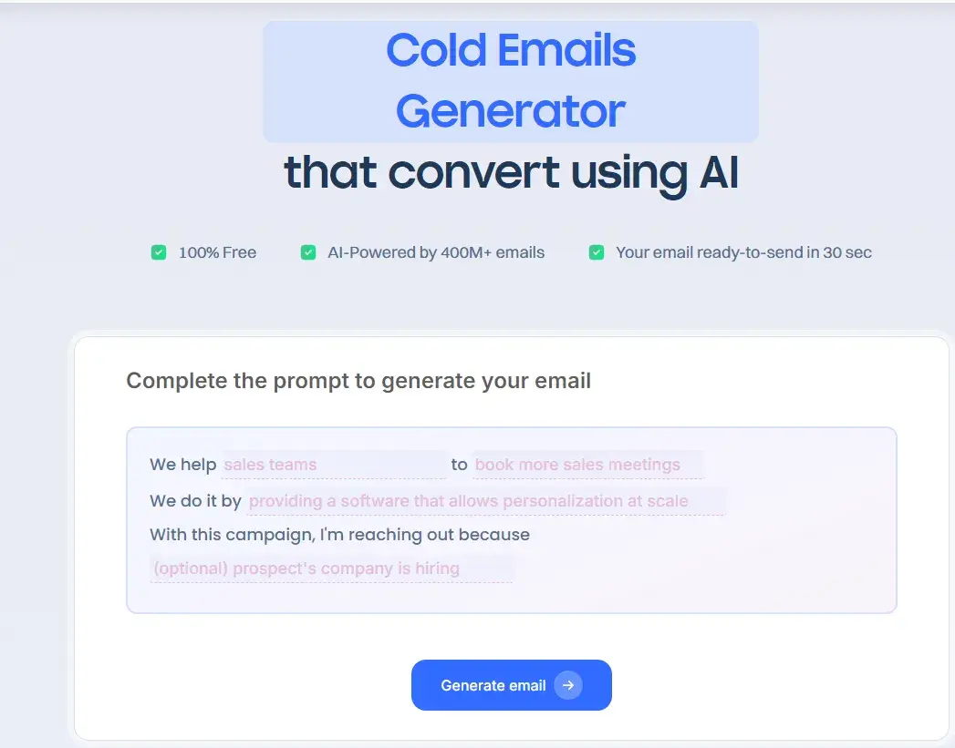 the cold email generator start page on lemlist’s ai cold email generator