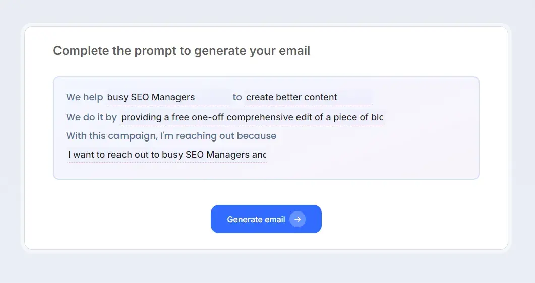 filling out a prompt on lemlist’s ai cold email generator