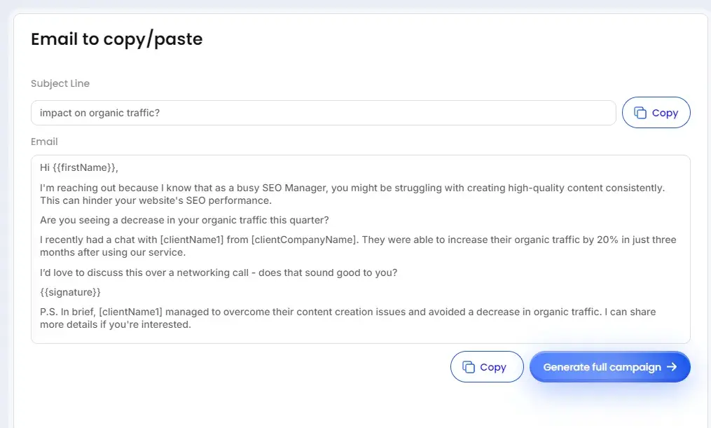the result of prompting on lemlist’s ai cold email generator
