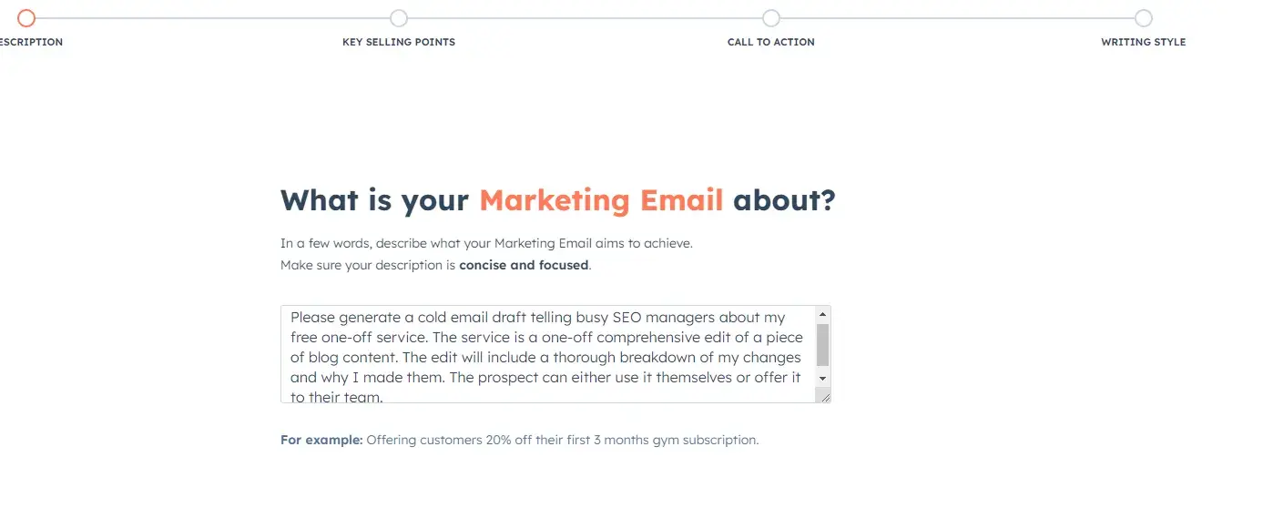 choosing the focus of your marketing email with hubspot’s ai cold email generator