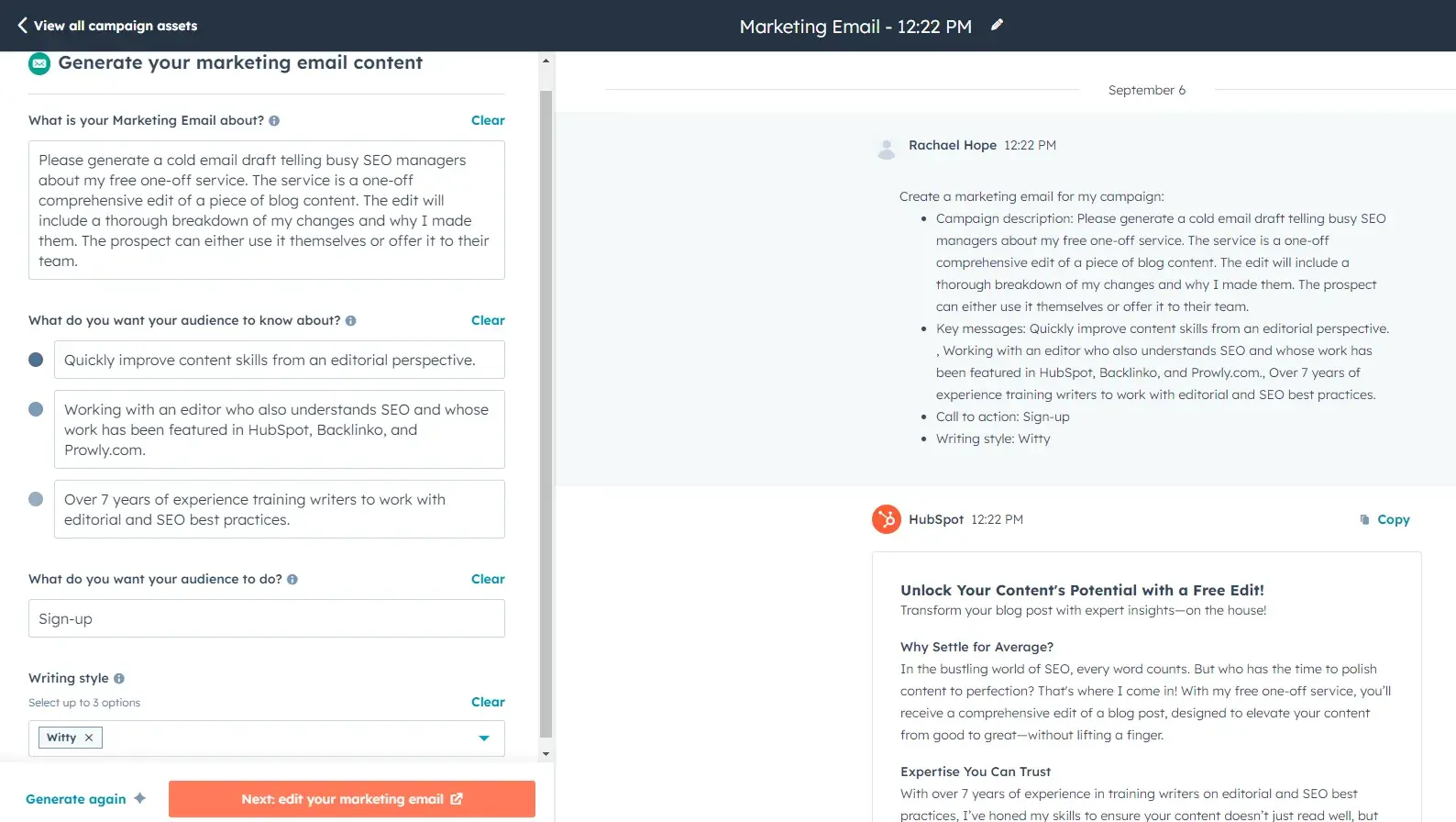 the main dashboard of hubspot’s ai cold email generator