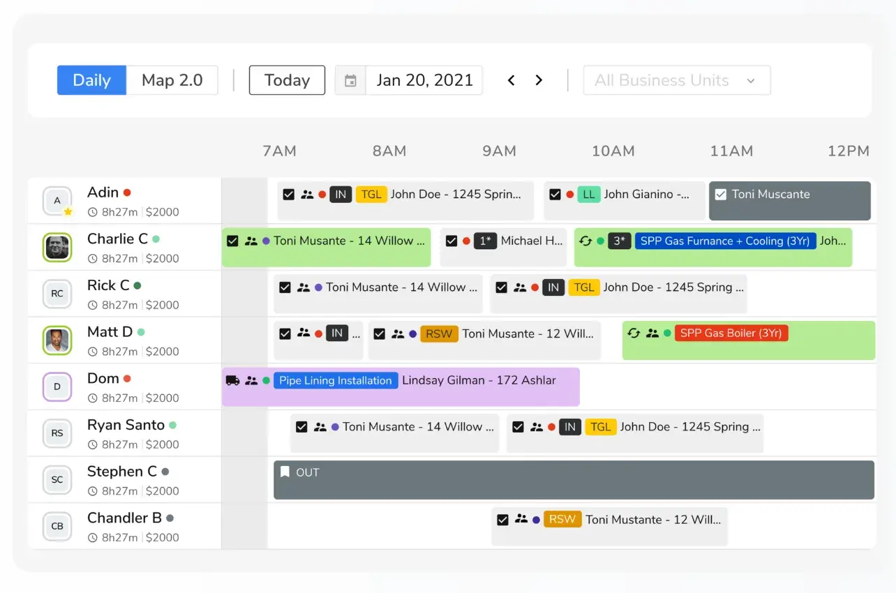 servicetitan dispatching board with technician locations and job assignments