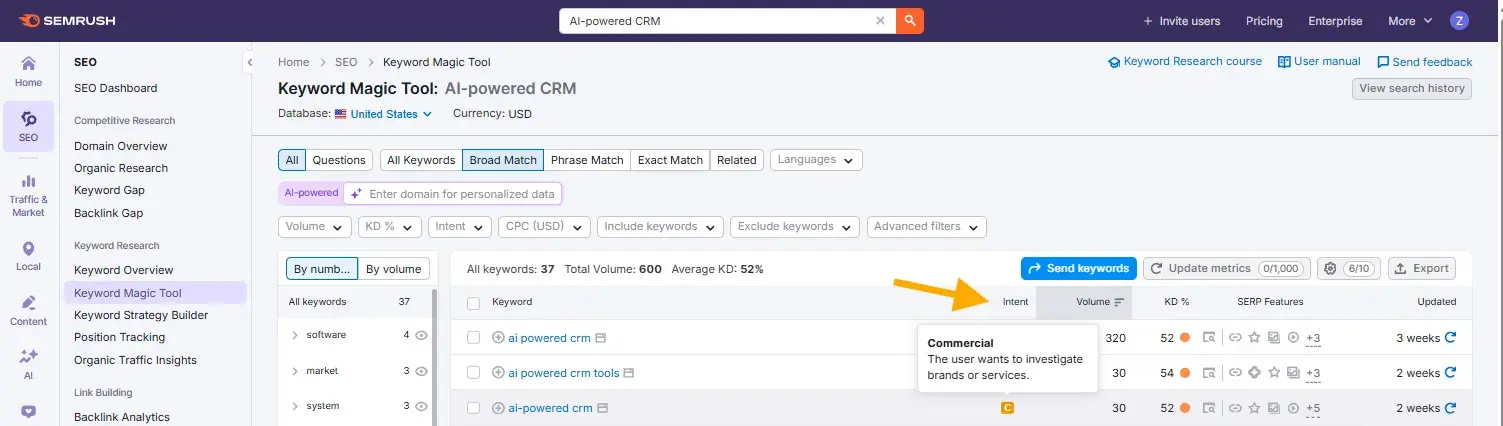 screenshot from semrush shows how keyword research and search intent are displayed within their keyword research tool.