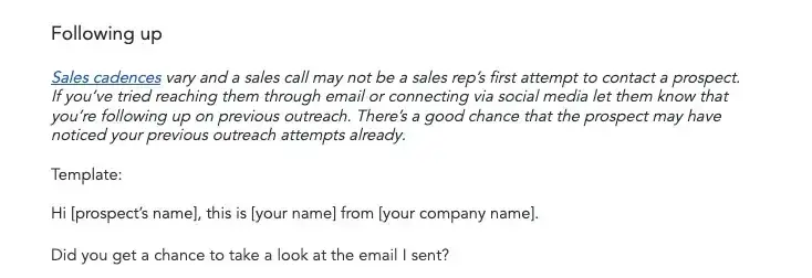 sales script, following up call script template with clear bullet points and cta for download