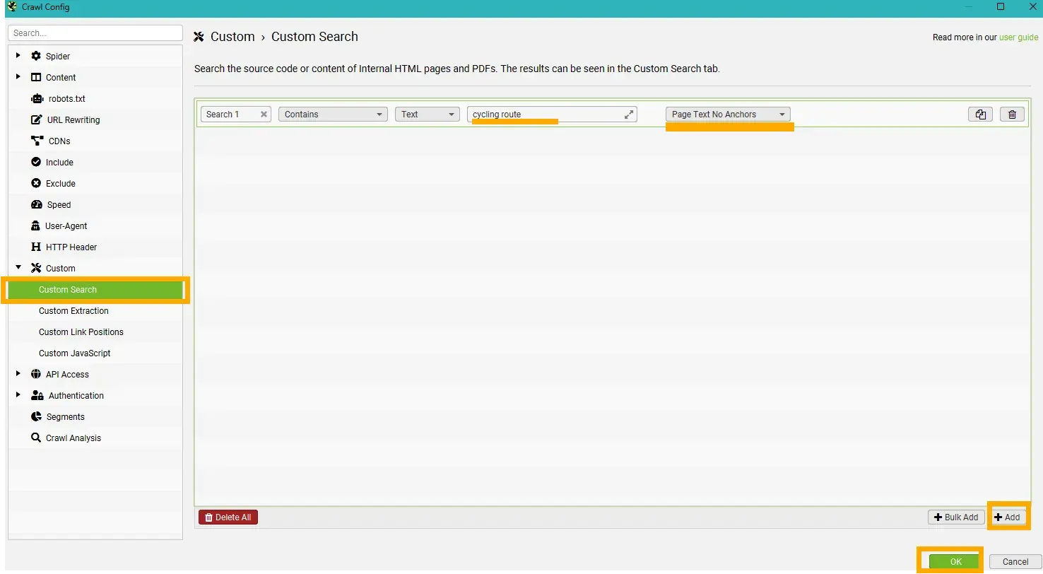 annotated screenshot of screaming frog showing how i access the seo analysis tool and custom search to identify internal link opportunities.