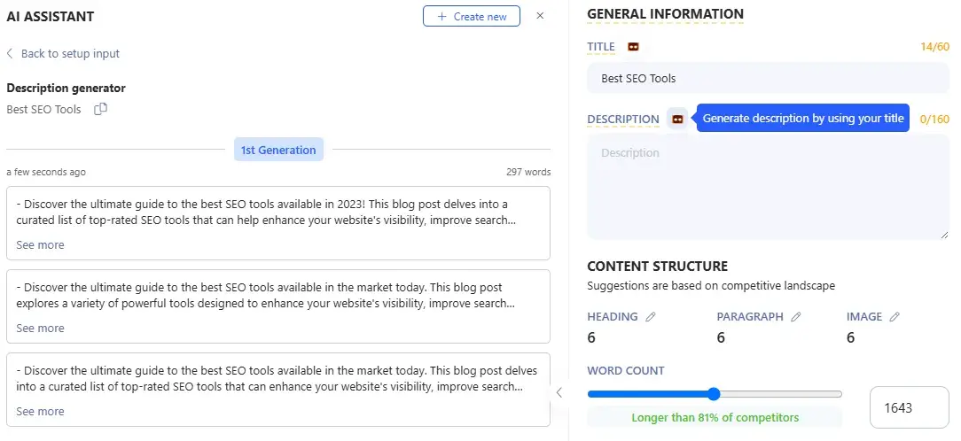 the screenshot shows how ai generation works with the seo analysis tool writerzen.