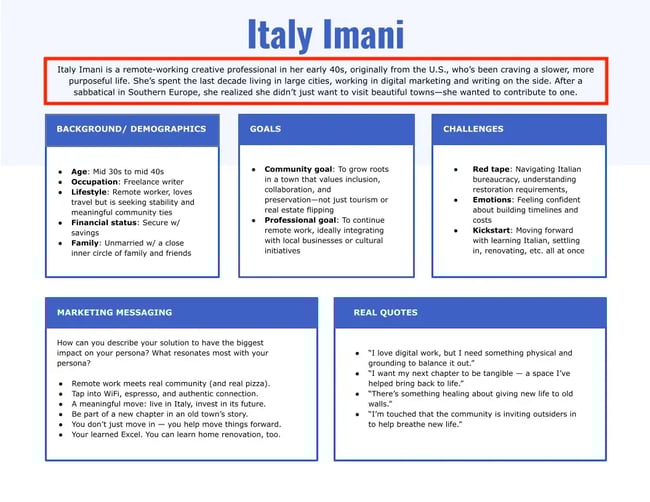 Italy Imani, Marketing persona example made with a free HubSpot template