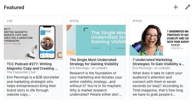 examples of featured images, videos, and documents on LinkedIn