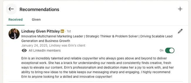 screenshot of linkedin recommendations