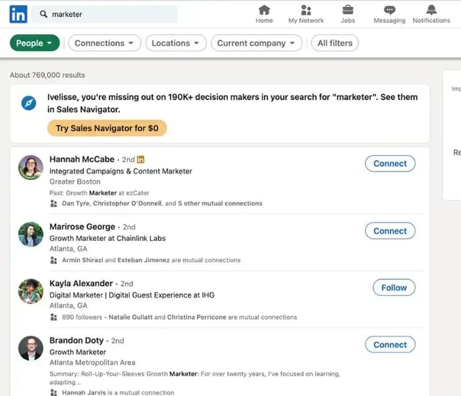 screenshot for linkedin marketing, searching for people