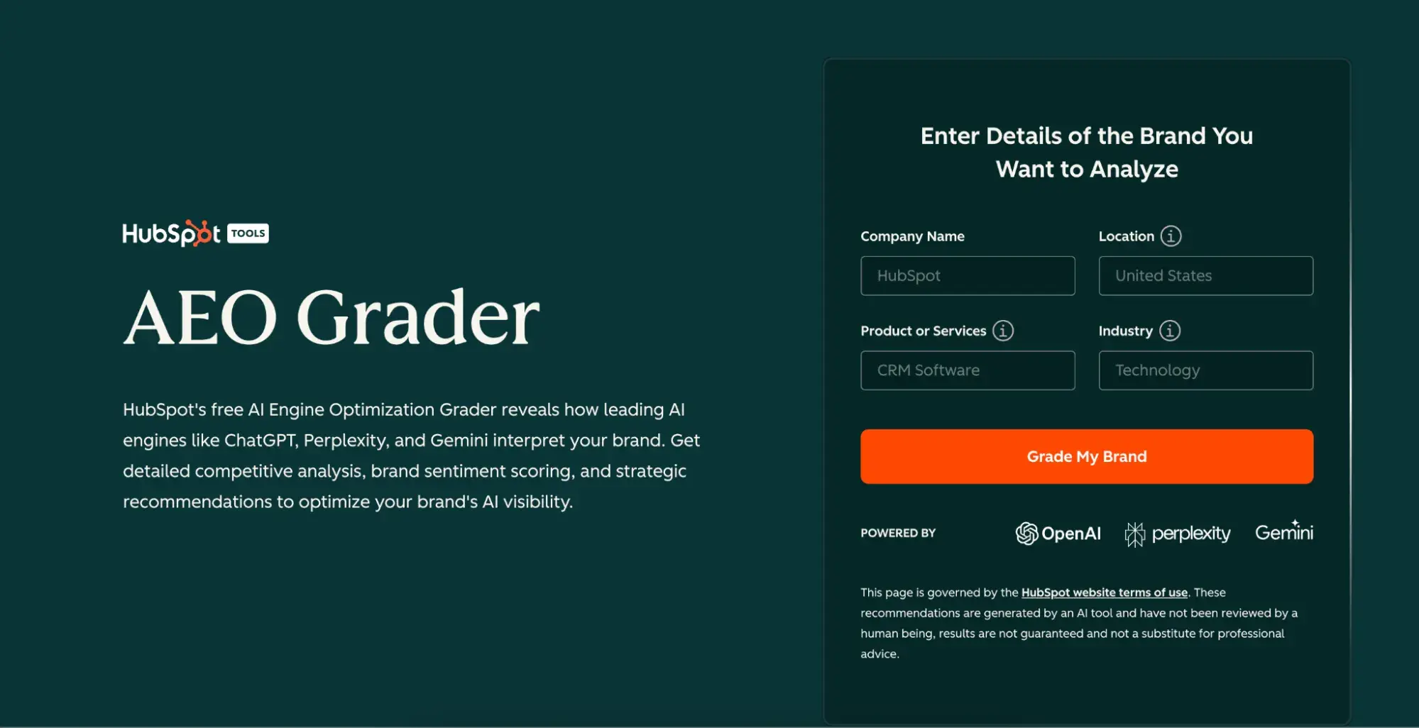 screenshot showing hubspot’s aeo grader, a tool to help brands align with new consumer search behavior