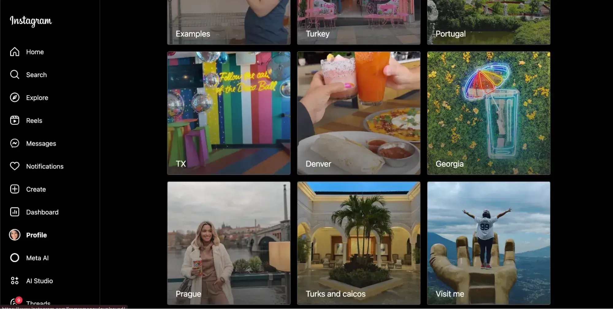 screenshot of instagram collections showing albums organized by location