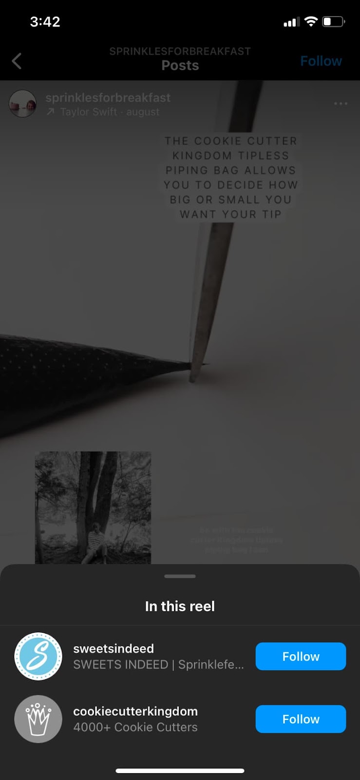 Screenshot of Sprinkles for Breakfast Instagram post showing tagged companies; How to Get More Followers on Instagram