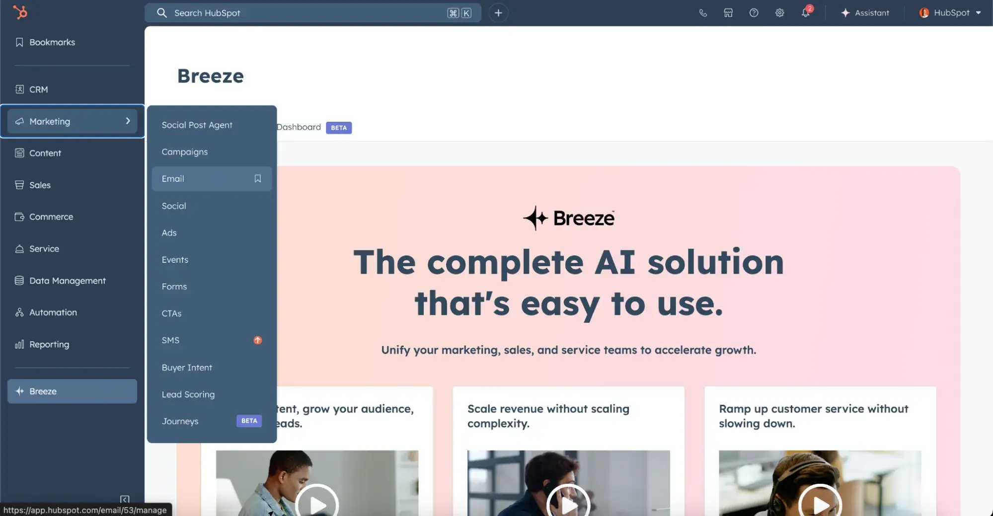 a screenshot of hubspot’s portal 53, showcasing a landing page advertising breeze ai, next to a left-sided menu of all of hubspot’s CRM tools