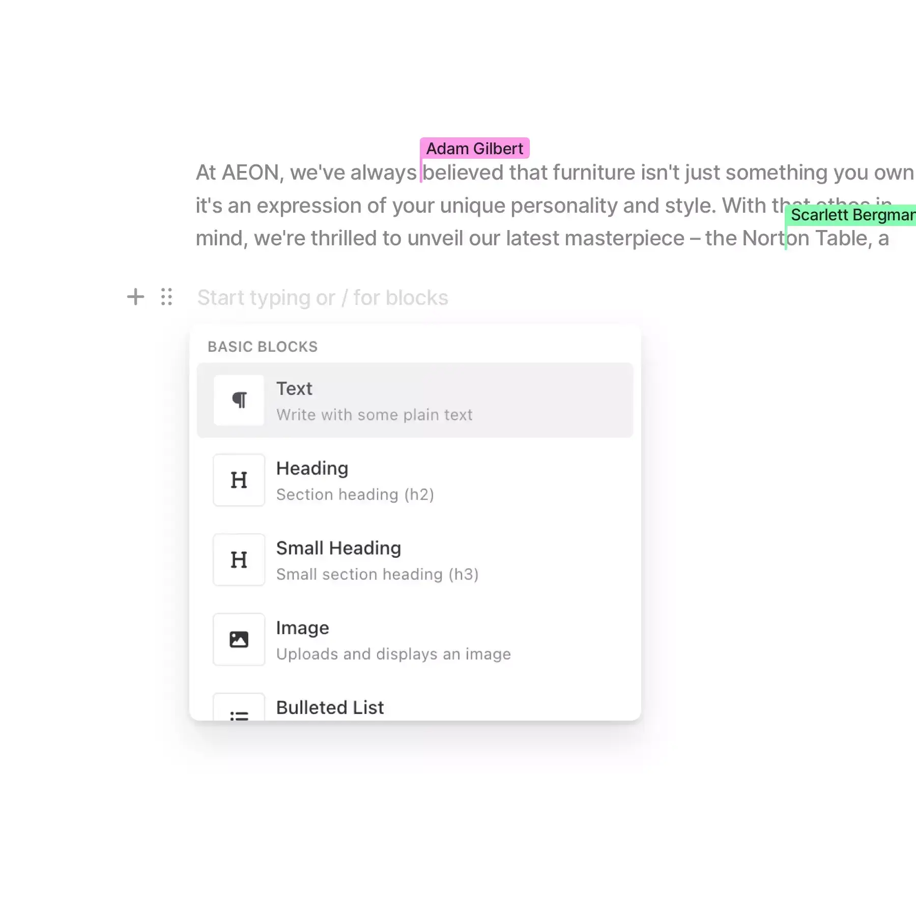 audienceful email marketing ux for consulting firms; dropdown for text, heading, small heading, etc.