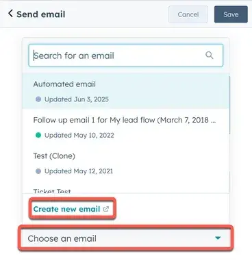 hubspot workflows dropdown highlighting how to create a new email; email marketing for hvac companies